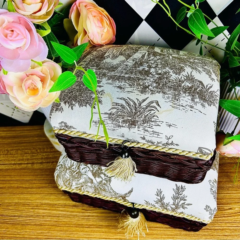 French Country Toile‎ Boxes Wicker Lined Tassel Pair Vintage Luxury